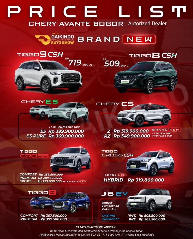 Pricelist Harga Chery sukamulya 2025